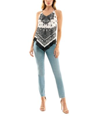 Juniors' Printed Handkerchief-Hem Sleeveless Top