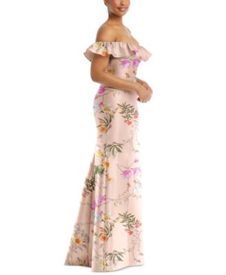 Women's Off-the-Shoulder Ruffle Neck Floral Satin Trumpet Gown