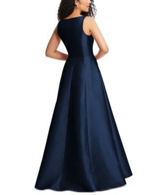 Plus Size Boned Corset Closed-Back Satin Gown with Full Skirt and Pockets