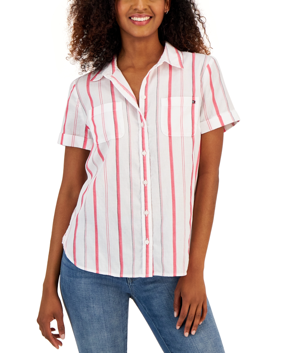 TOMMY HILFIGER WOMEN'S STRIPED SHORT SLEEVE CAMP SHIRT