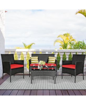 4PCS Patio Rattan Furniture Set Cushioned Sofa Coffee Table Backyard