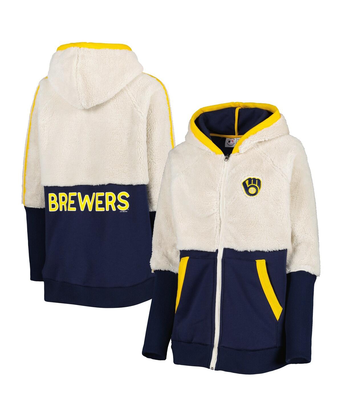 Shop G-iii 4her By Carl Banks Women's  Oatmeal, Navy Milwaukee Brewers Shuffle It Raglan Full-zip Hoodie In Oatmeal,navy