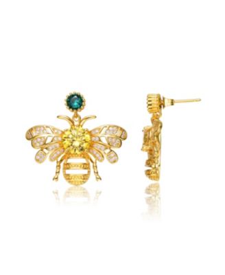 Sterling Silver 14K Gold Plated Yellow Cubic Zirconia Bee Stud Butterfly Earrings