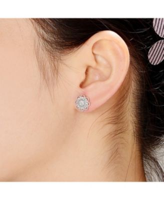 Sterling Silver Cubic Zirconia White Gold Plated  Round Lace Design Earrings