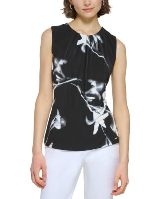 Calvin Klein - Petite Floral Pleated-Neck Sleeveless Top