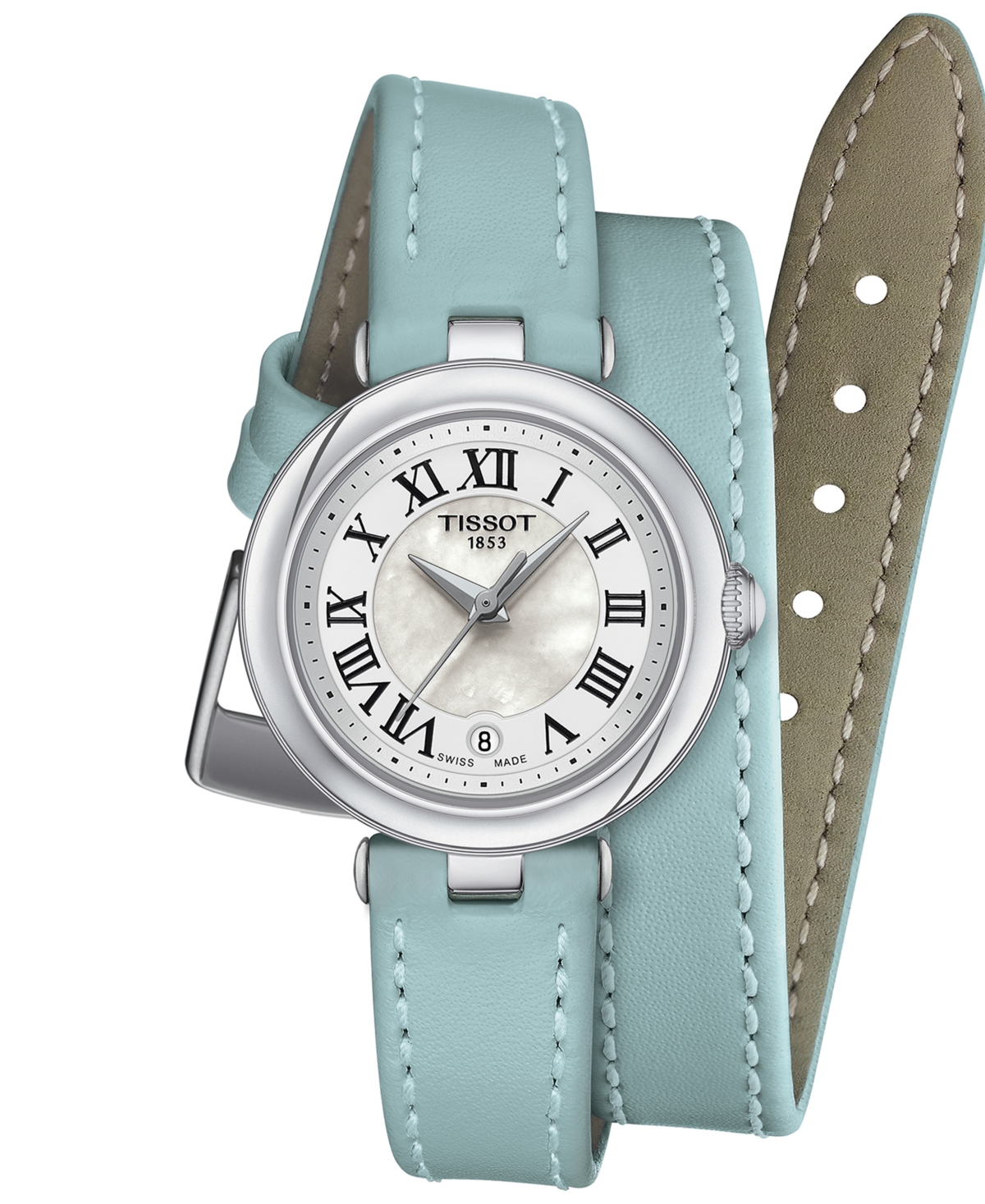 Shop Tissot Women's Swiss Bellissima Light Blue Leather Double Wrap Strap Watch 26mm