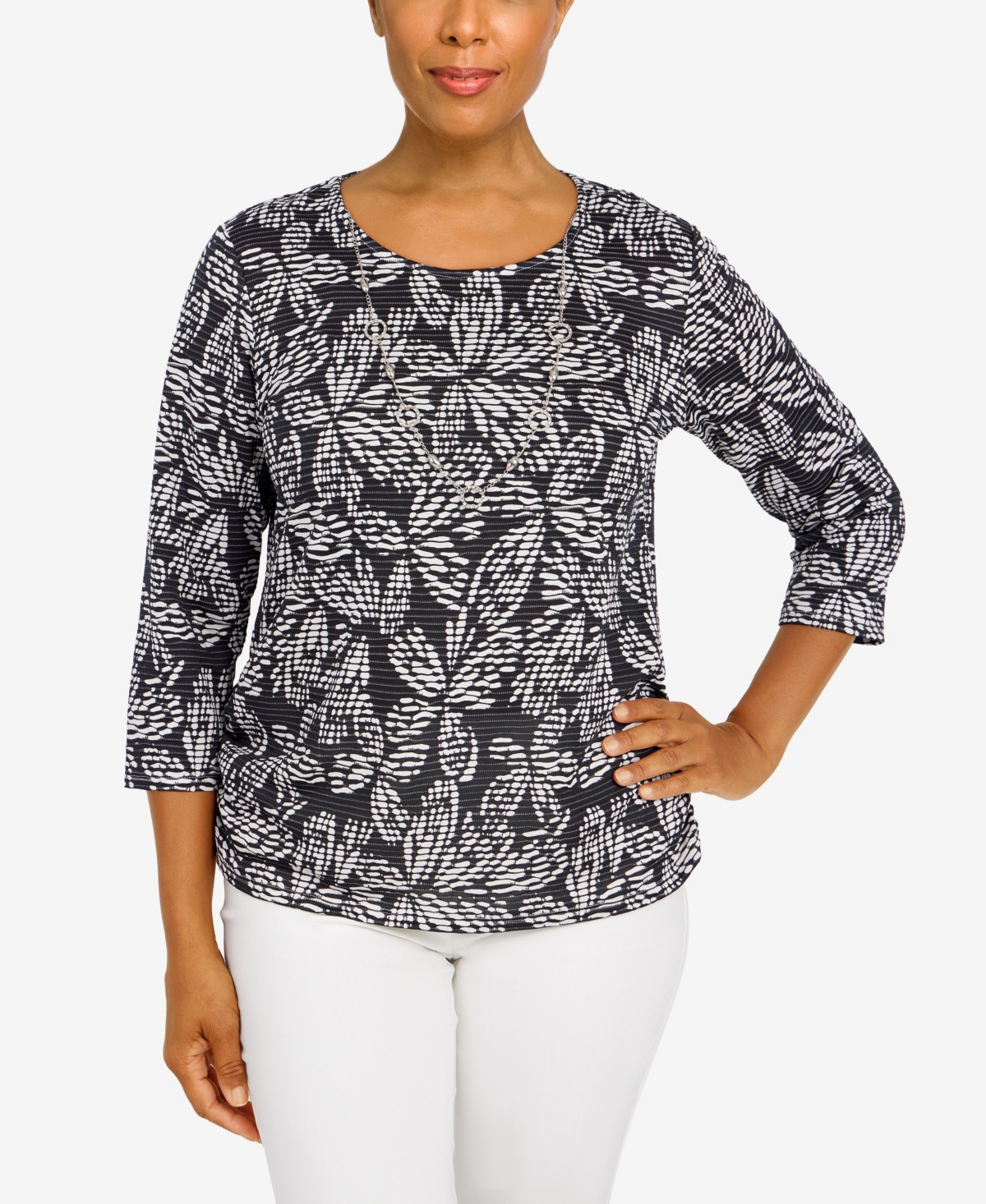 Alfred Dunner Women's Floral Jacquard Butterfly 3/4 Sleeve Top With Necklace In Black