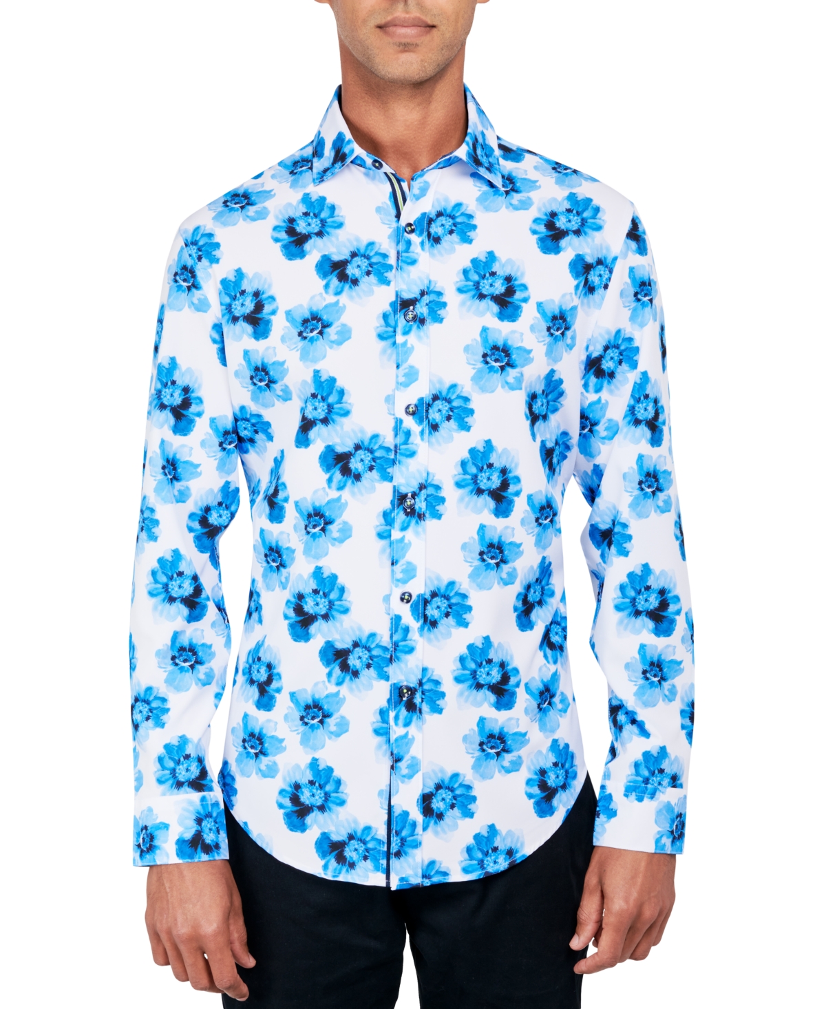 Men's Regular-Fit Non-Iron Performance Stretch Floral-Print Button-Down Shirt - Blue