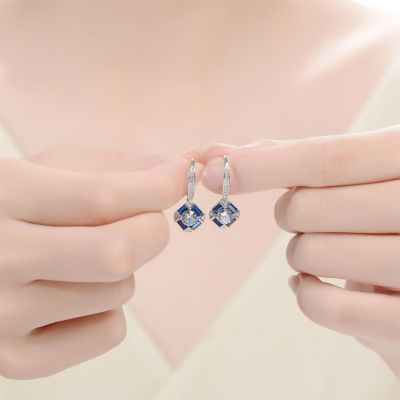 Sterling Silver White Gold Plated and Blue Cubic Zirconia Leverback Earrings