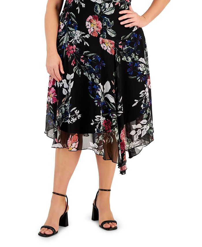 Connected Plus Size Floral-Print Sleeveless Handkerchief-Hem Dress - Macy's