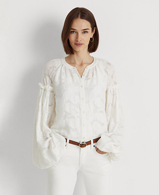 Lauren Ralph Lauren Women's Floral Jacquard Blouson-Sleeve Shirt & Reviews  - Tops - Women - Macy's