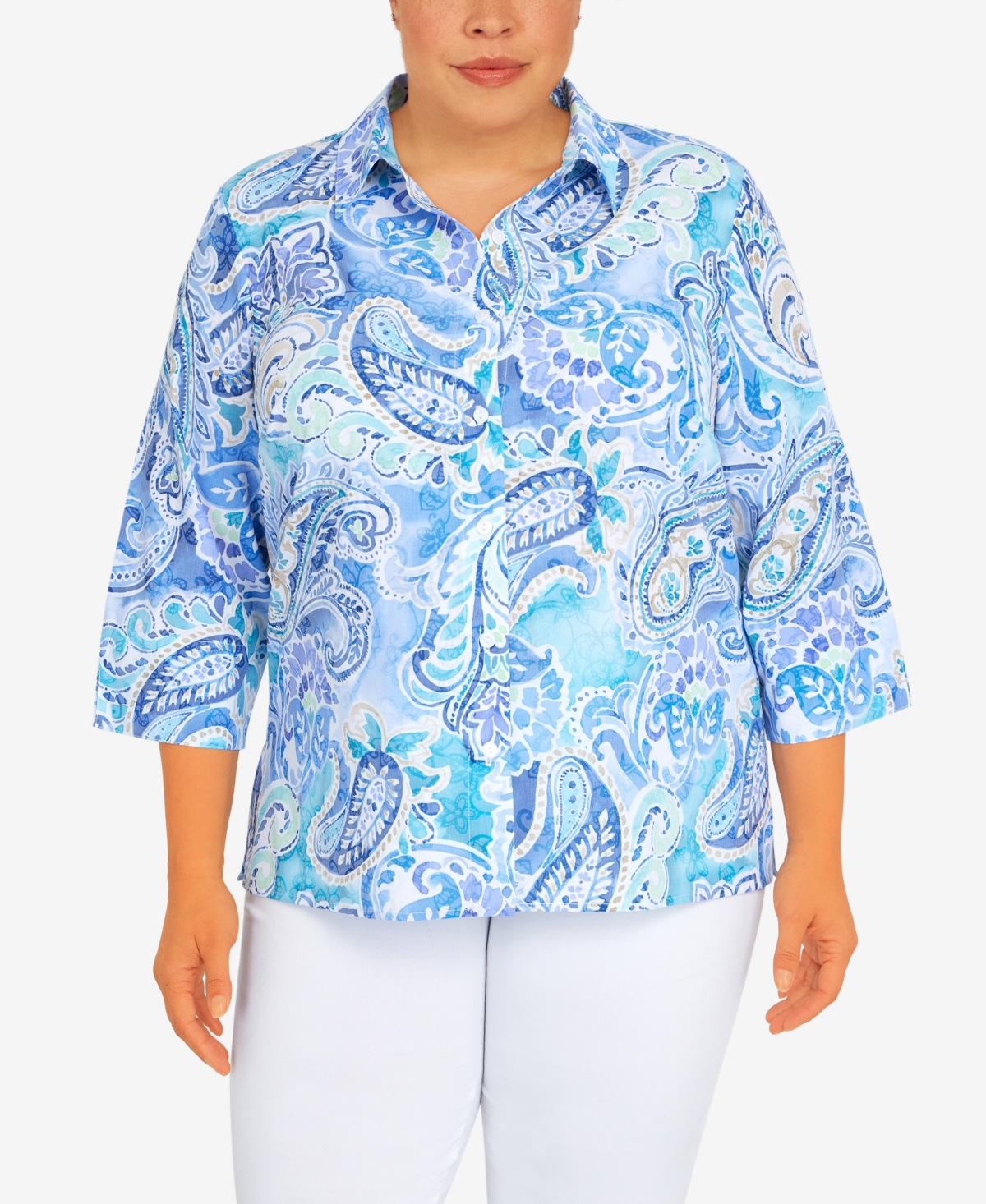 Alfred Dunner Plus Size Classic Paisley 3/4 Sleeve Button Down Top In Multi