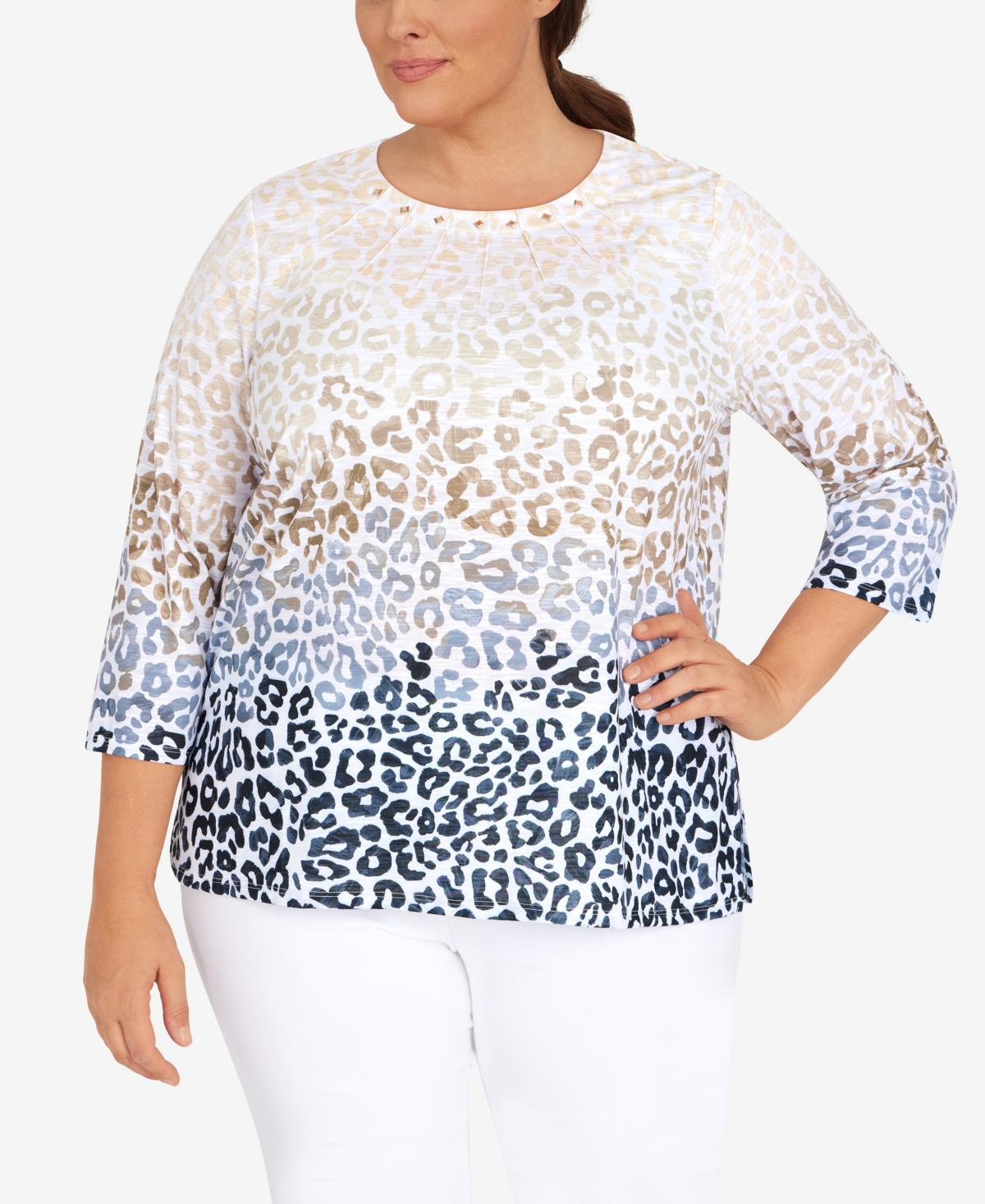 Alfred Dunner Plus Size Classic Animal Ombre Knit 3/4 Sleeve Top In Black/tan