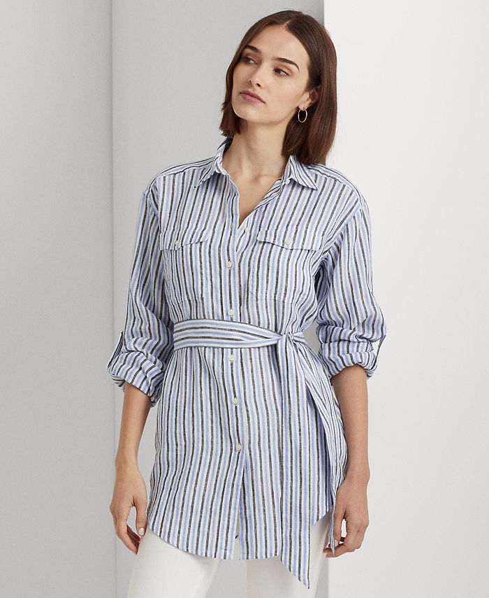 Lauren Ralph Lauren Women's Striped Belted Linen Shirt - Macy's