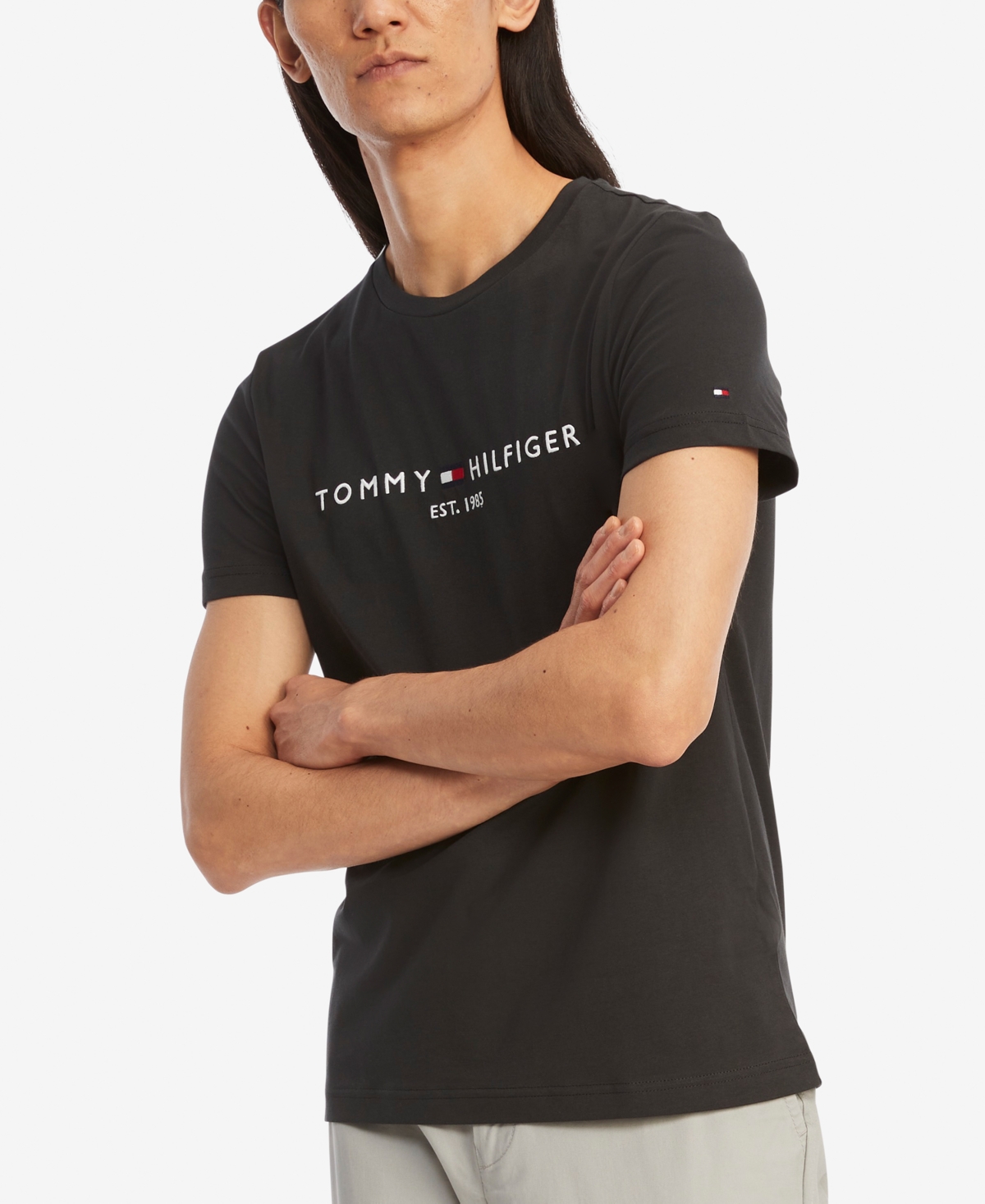Tommy Hilfiger Men's Embroidered Logo Slim-fit Crewneck T-shirt In Jet Black