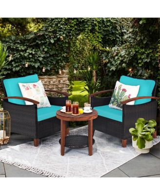 3PCS Patio Rattan Furniture Set Wooden Frame Cushion Table Shelf