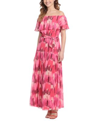 Donna Morgan Women's Off-Shoulder Floral Chiffon Maxi Dress, Printed Long Dress