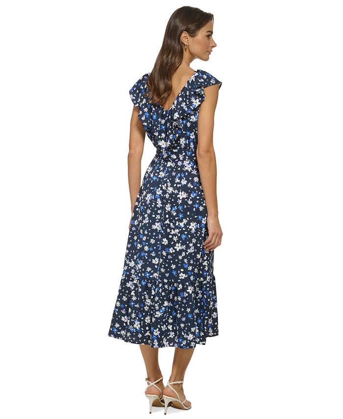 DKNY Women's Ruffled Floral-Print Tie-Waist Midi Dress - Macy's