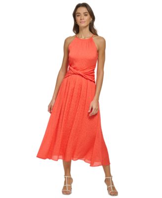 DKNY - Women's Halter Neck Twist-Waist Sleeveless Midi Dress
