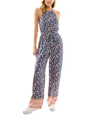 Kingston Grey - Juniors' Printed Halter Wide-Leg Jumpsuit