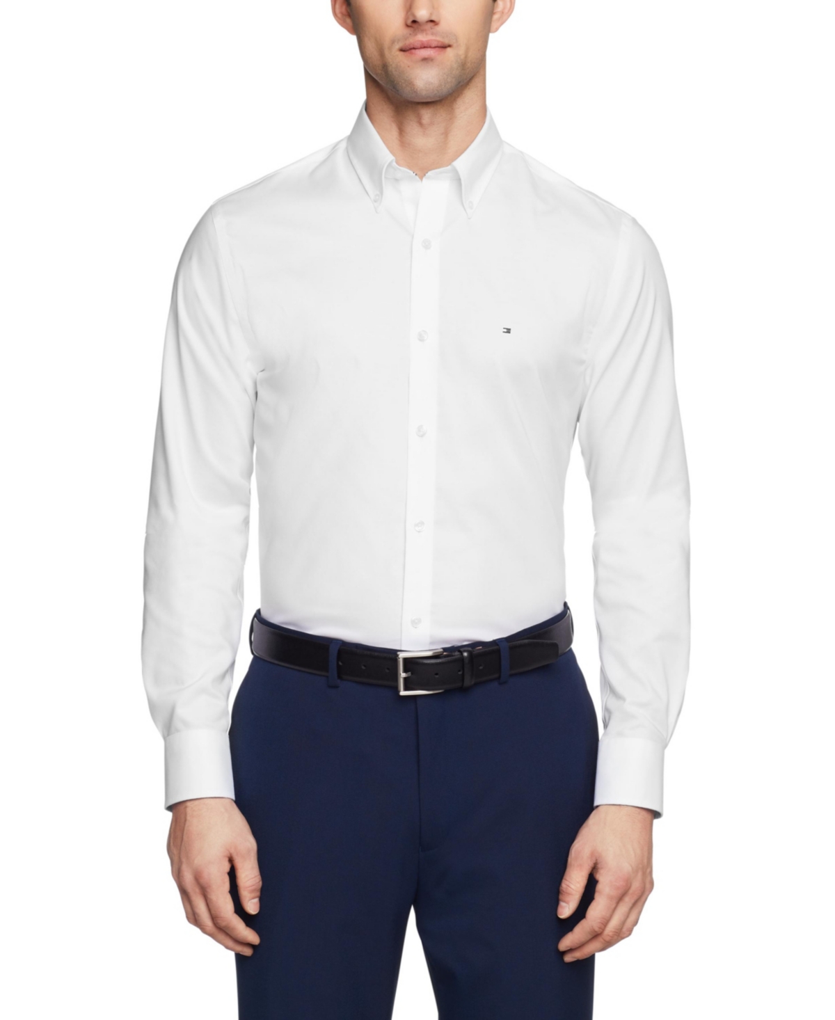 Tommy Hilfiger Men's Flex Slim Fit Wrinkle Free Stretch Pinpoint Oxford Dress Shirt In White