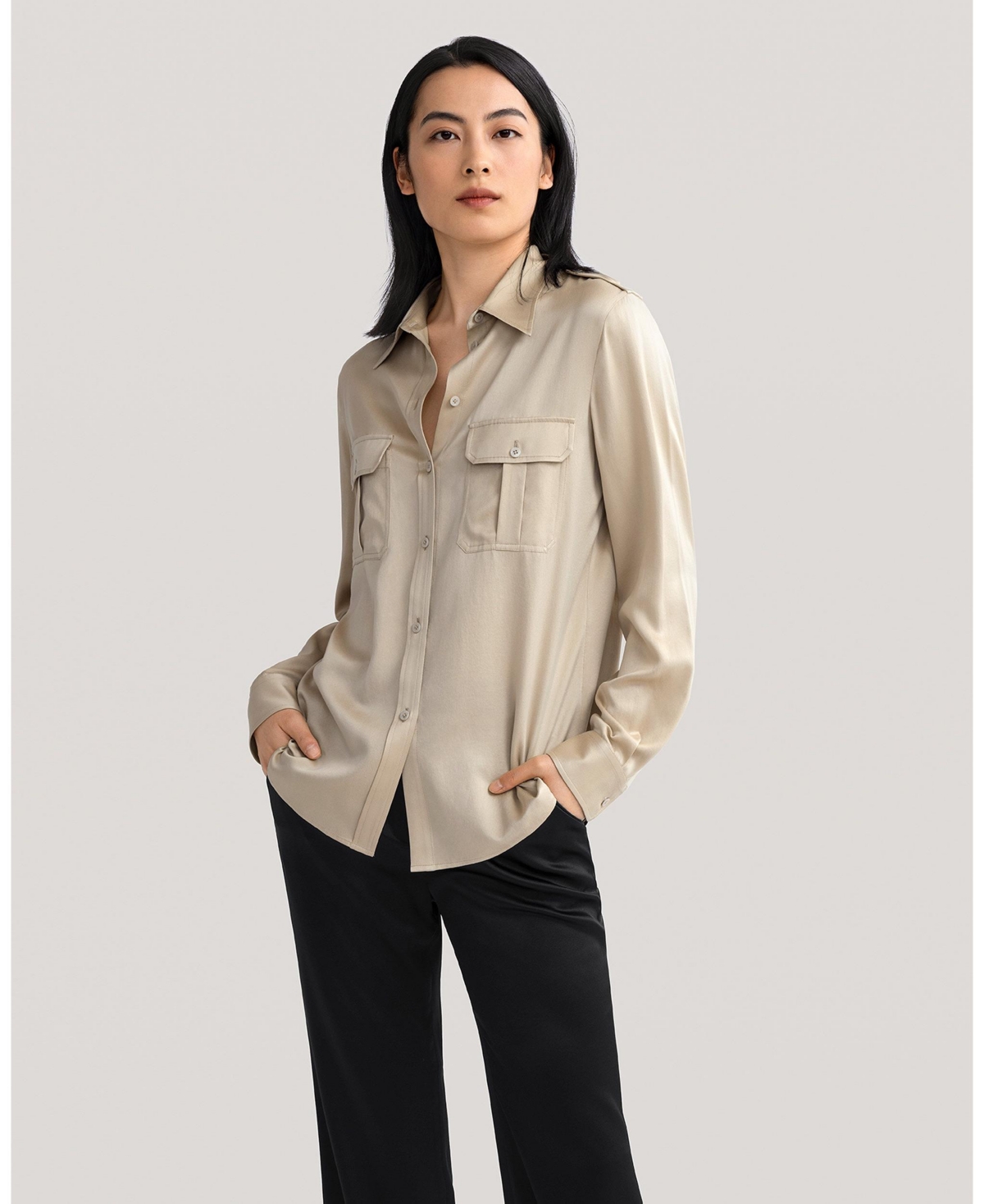 Sandwashed Silk Shirt With Epaulettes for Women - Apricot