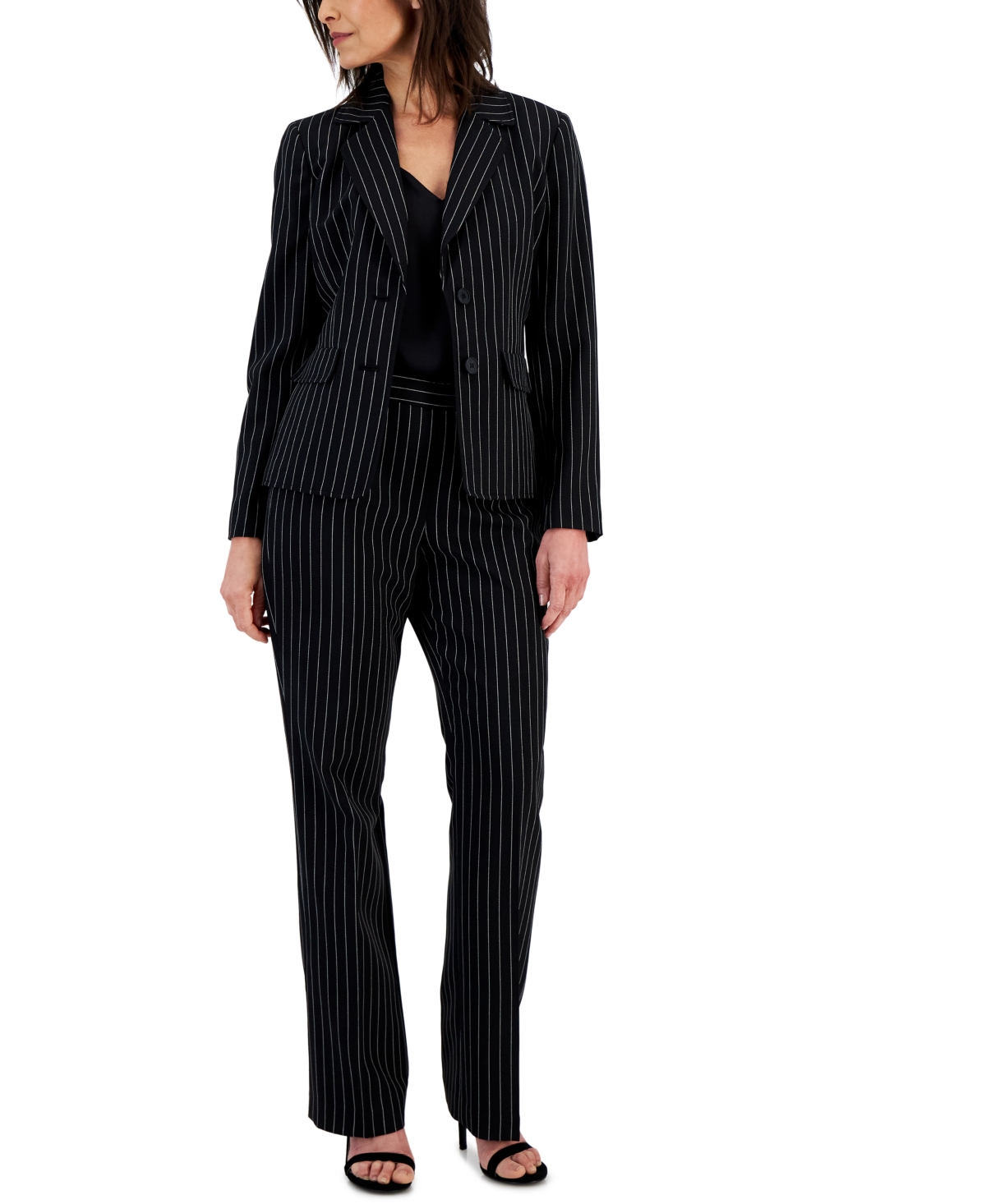 Le Suit Women's Striped Belted Pantsuit, Regular & Petite Sizes -White