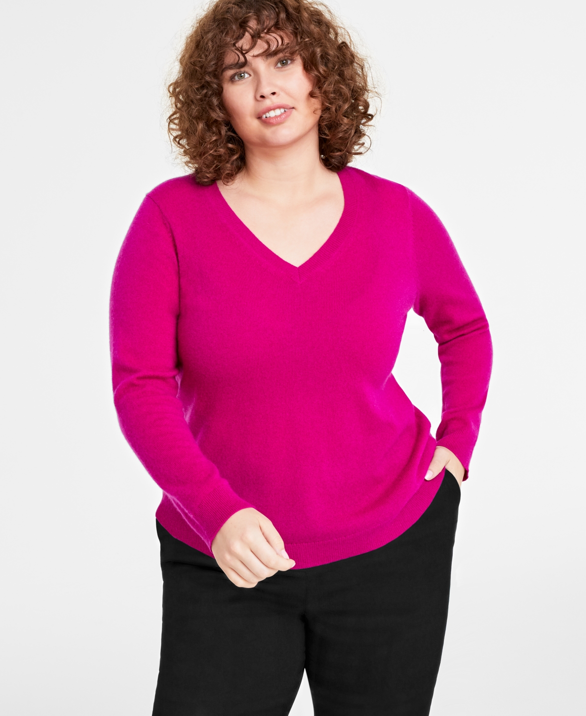 Charter Club Plus Size V-neck 100% Cashmere Sweater, Created For Macy's In Fushsia
