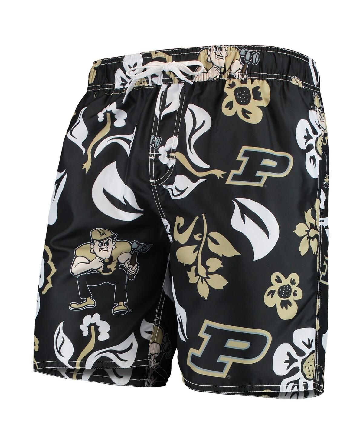 WES & WILLY MEN'S WES & WILLY BLACK PURDUE BOILERMAKERS FLORAL VOLLEY SWIM TRUNKS