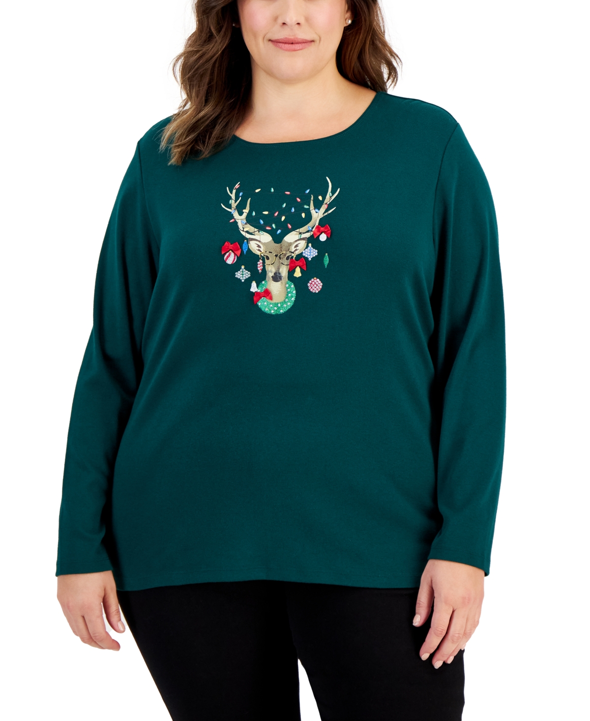 Karen Scott Plus Size Long Sleeve Reindeer Top, Created For Macy's In Spruce Night