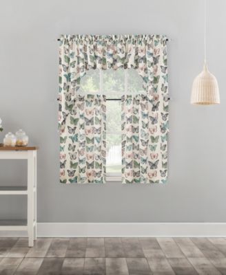 Magdalena Butterfly Print Sheer Rod Pocket Kitchen Curtain Swag Pair