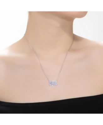 Sterling Silver with White Gold Plating Clear Green Cubic Zirconia Rectangular Cluster Necklace