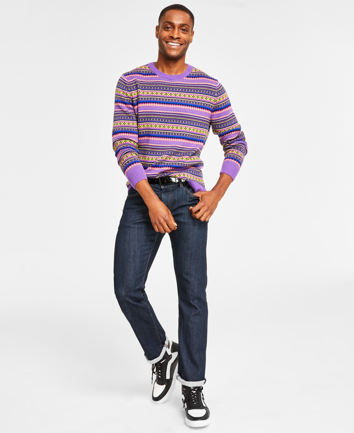 Holiday Lane Men's Bright Stripe Fair Isle Sweater, Created for Macy's - Purple Combo
