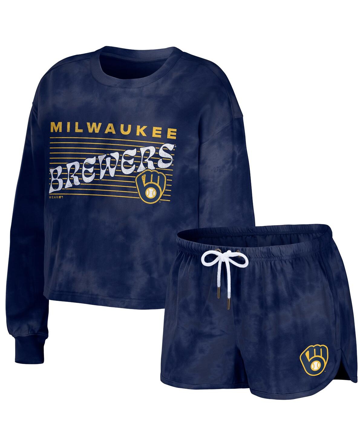 Shop Wear By Erin Andrews Women's  Navy Milwaukee Brewers Tie-dye Cropped Pullover Sweatshirt And Shorts L