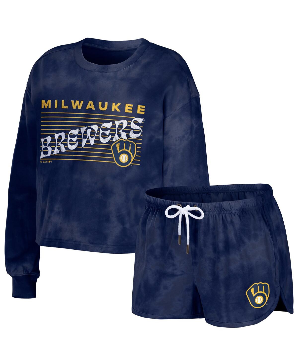 Women's Wear by Erin Andrews Navy Milwaukee Brewers Tie-Dye Cropped Pullover Sweatshirt and Shorts Lounge Set - Navy