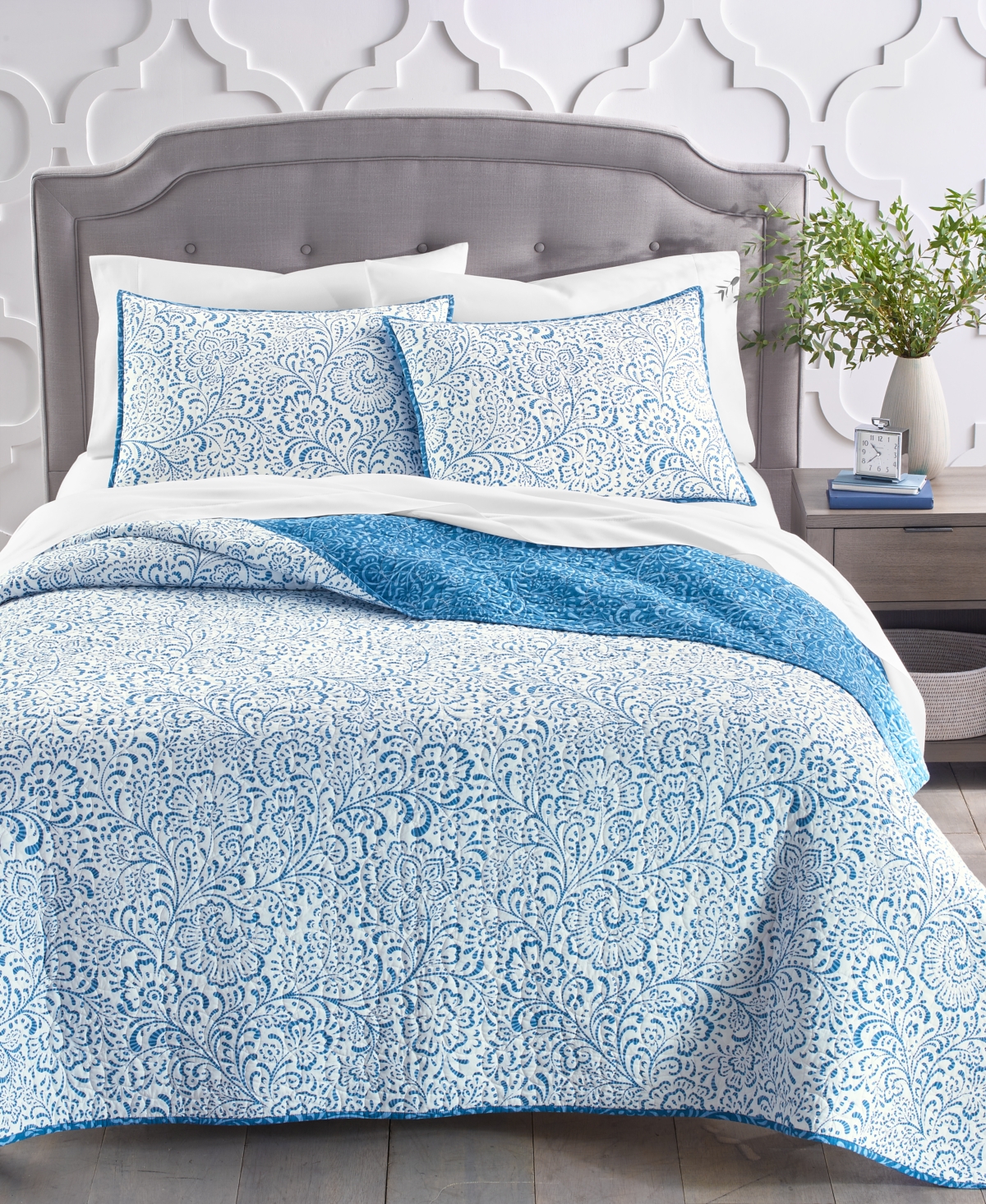 Charter Club Painted Floral Cotton Quilt, Twin, Created For Macy's In Blue Combo
