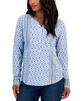 Style & Co - Petite Split-Neck Cotton Long-Sleeve Shirt