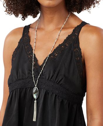 Lucky Brand - Silver-Tone Mother-Of-Pearl-Look Beaded Lariat Necklace