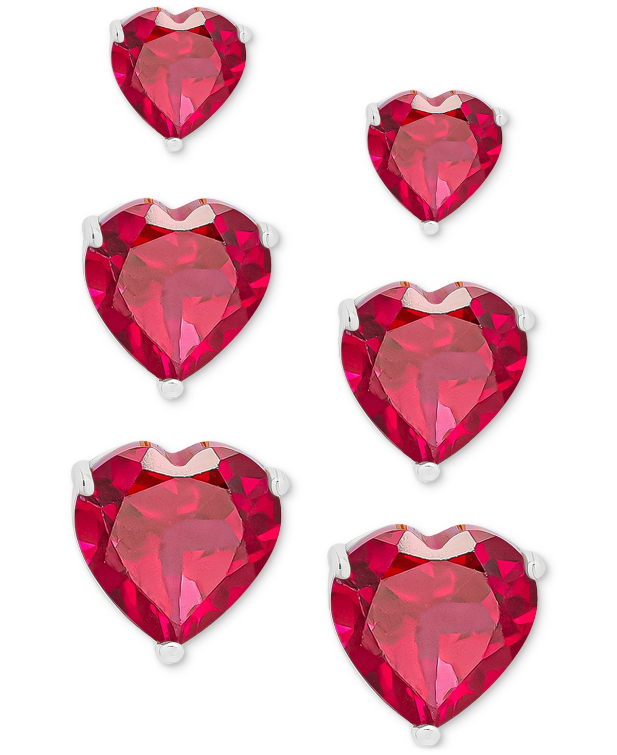 Macy's 3-pc. Set Lab-grown Red Spinel Graduated Heart Stud Earrings (1-3/8 Ct. T.w.) In Sterling Silver