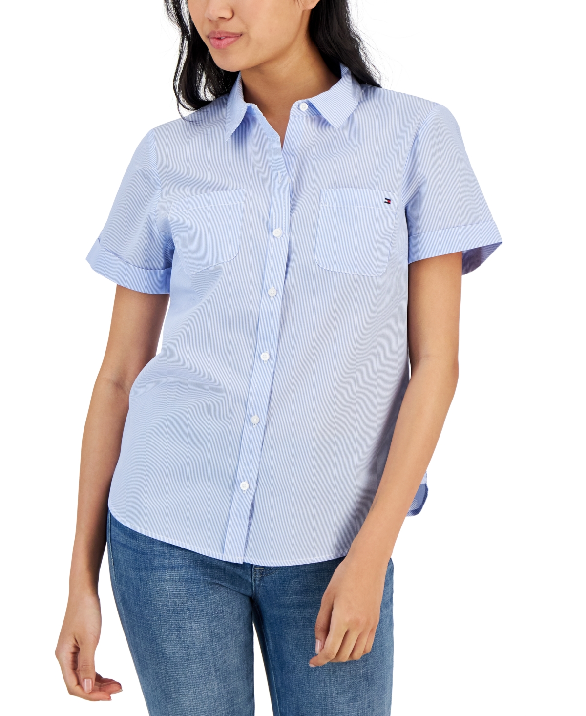 Tommy Hilfiger Women's Striped Cotton Camp Shirt In Crnflr Blu