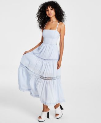 GUESS - Women's Lace-Trim Lace-Up Tiered Maxi Dress
