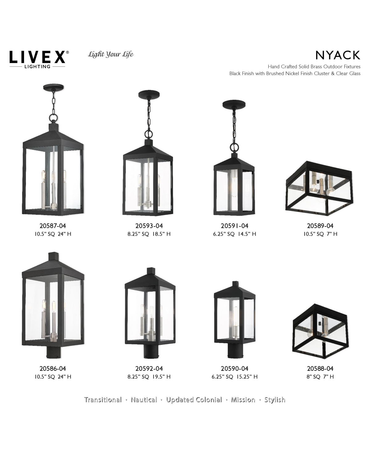 Livex Nyack 1 Light Outdoor Pendant Lantern - Black with Brushed