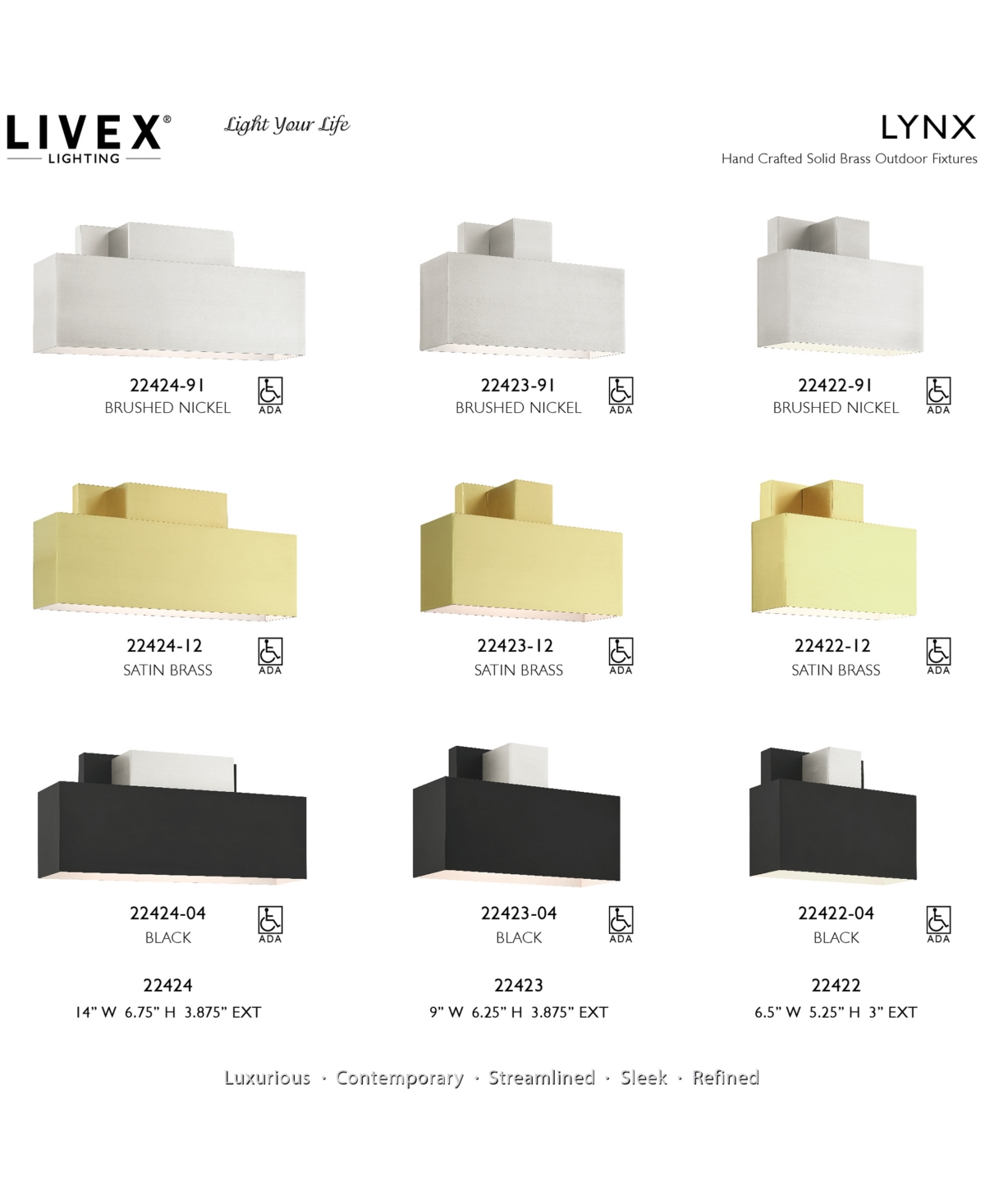 Livex Lynx 2 Light Outdoor Ada Wall Sconce - Black with Brushed
