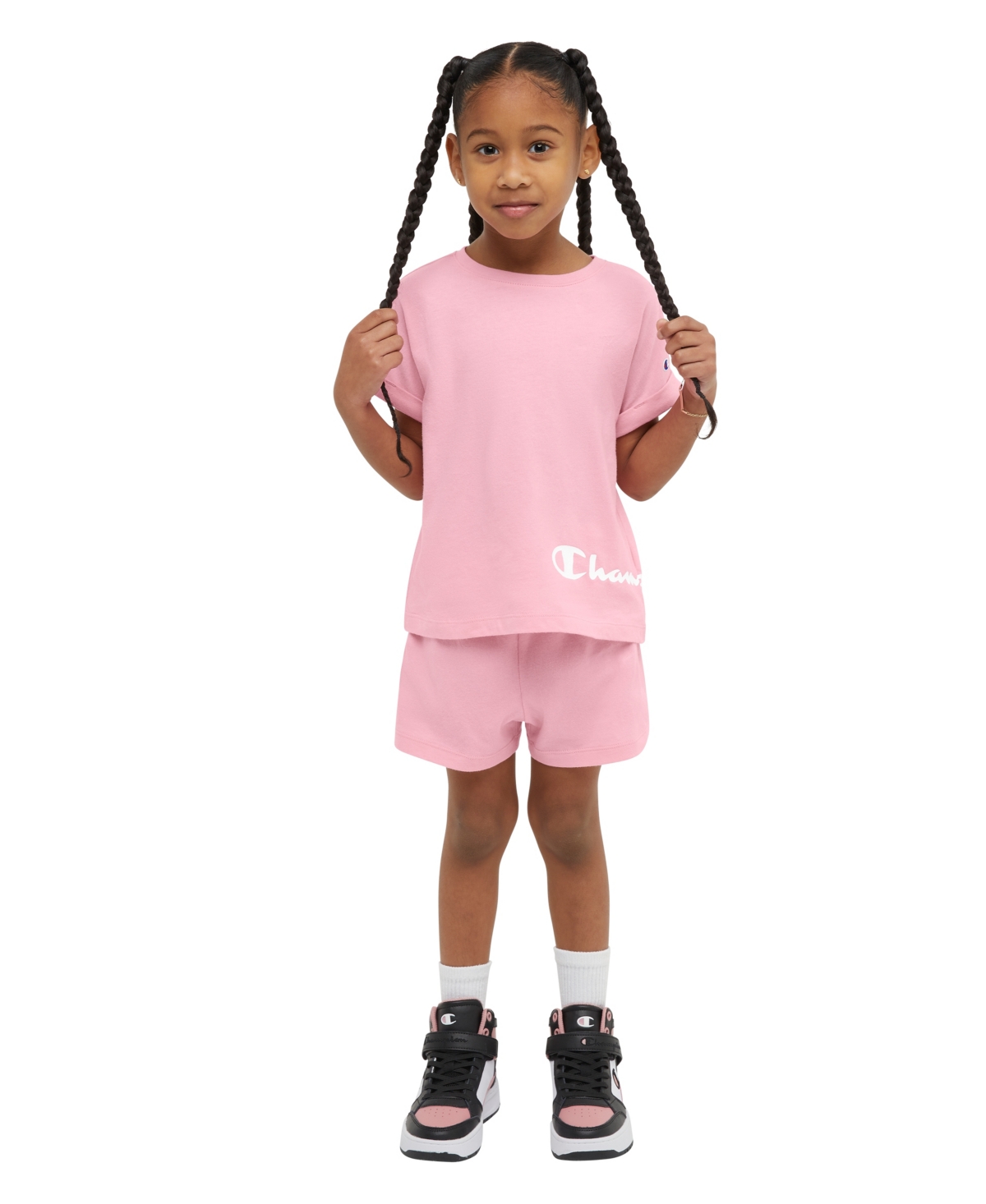 Champion Kids' Little Girls Short Sleeve T-shirt And Wrap Script Shorts, 2 Piece Set In Spark Pink