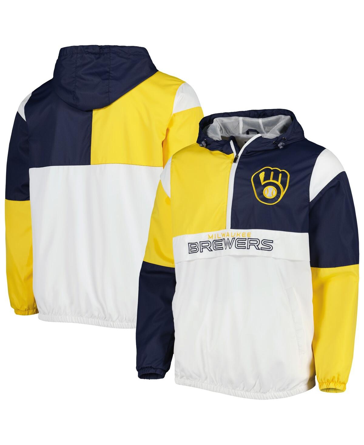 Shop G-iii Sports By Carl Banks Men's  Navy And Gold Milwaukee Brewers Fair Catch Half-zip Hoodie In Navy,gold