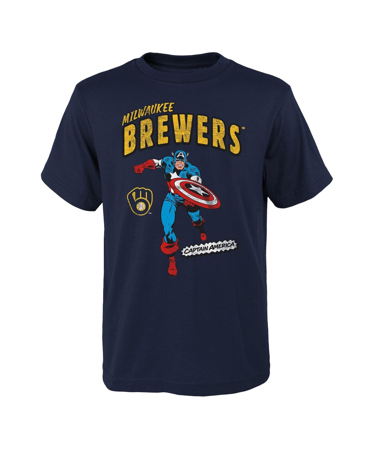 Outerstuff Kids' Big Boys And Girls Navy Milwaukee Brewers Team Captain America Marvel T-shirt