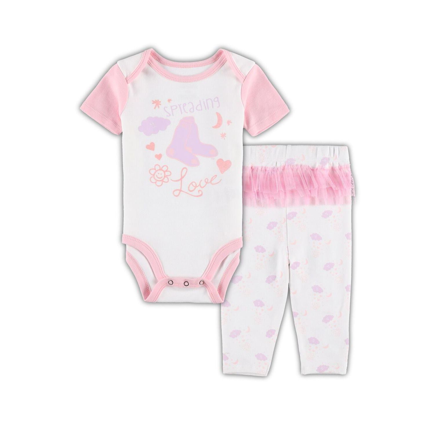 Newborn and Infant Boys and Girls White and Pink Boston Red Sox Spreading Love Bodysuit and Tutu with Leggings Set