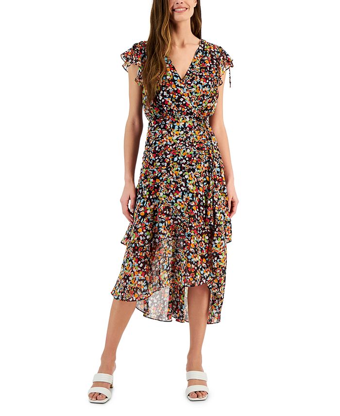 Tahari ASL Women's Floral-Print Flutter-Sleeve Ruched Midi Dress - Macy's