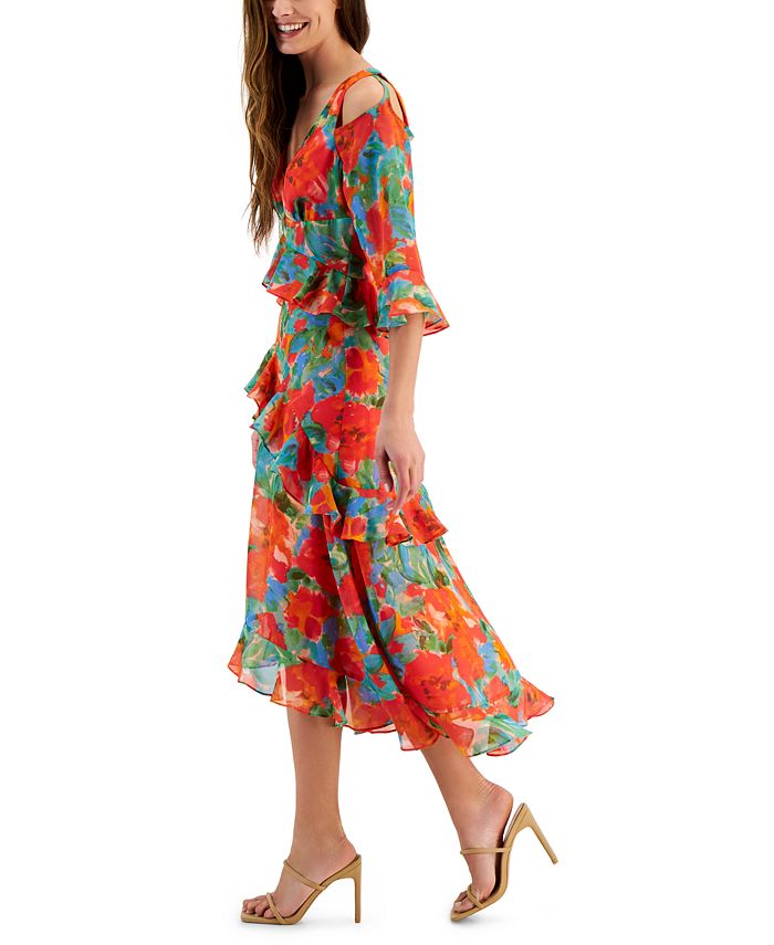 Tahari ASL Women's Floral Embroidered Lace Hi-Low Hem Party Midi Dress