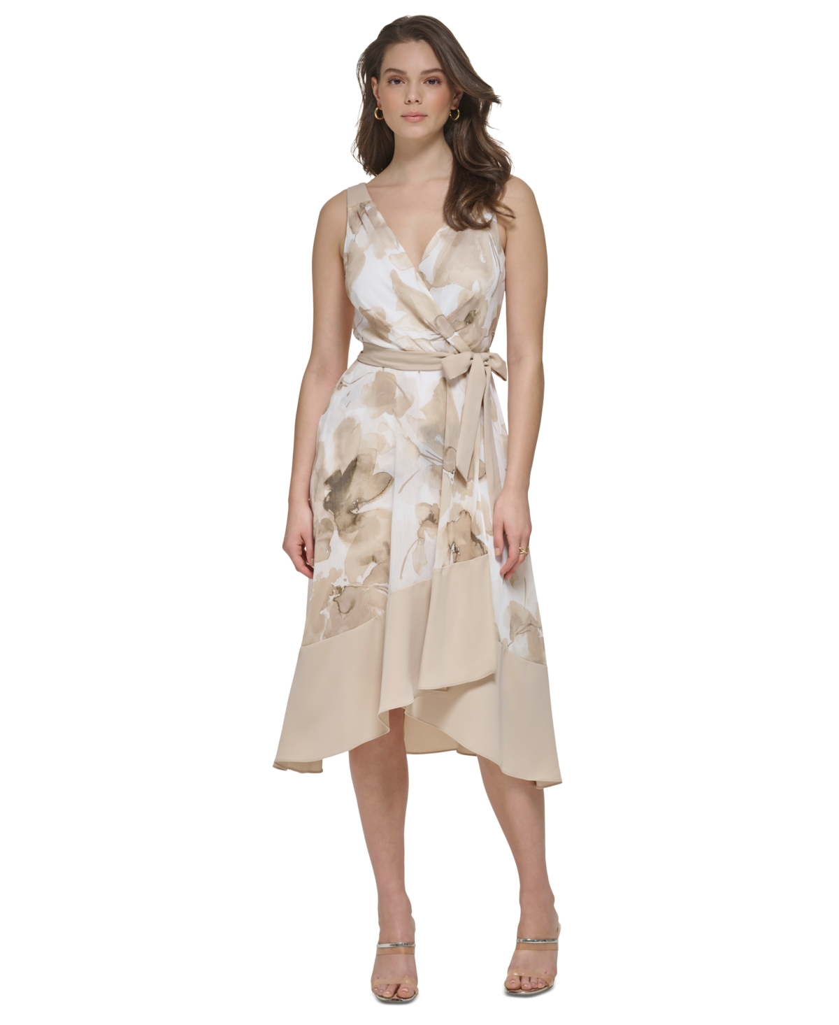 dkny beige dress Women's V-neck Faux-wrap Belted Sleeveless In Ivory/beige which has on